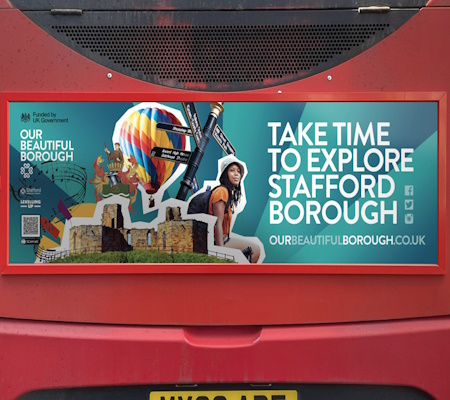 Advert on bus regarding campaign to boost business in Stafford