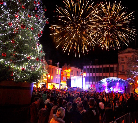 Christmas Tree and Fireworks in Stafford Town Centre