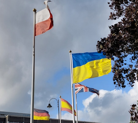 Some of the flags outside Victoria Park and opposite the train station.