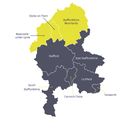 Map showing North and South unitary councils in Staffordshire