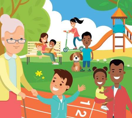 Graphic showing kids and elderly lady playing in park