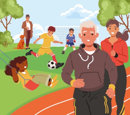 Graphic showing runners, dog walkers, kids playing football and on the park