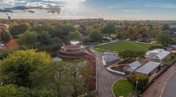 Victoria Park aerial view showing new cafe, aviaries, greenhouses, bowling green, education room