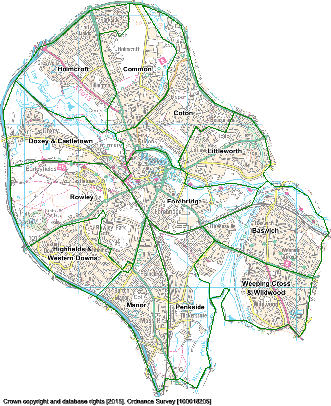 A map of the town Stafford Wards.